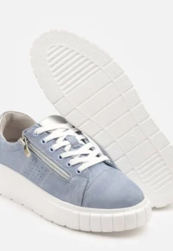 Niebieskie Sneakersy Skórzane na Platformie z Ozdobnym Suwakiem i Perforacją Niliria