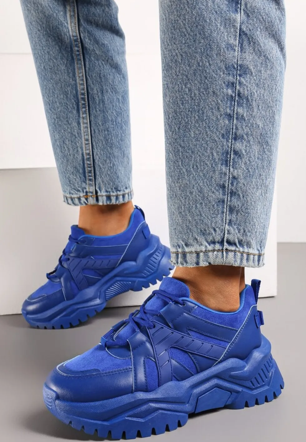Niebieskie Sneakersy Sznurowane na Grubej Podeszwie Releta