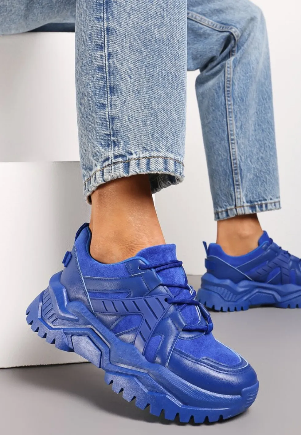 Niebieskie Sneakersy Sznurowane na Grubej Podeszwie Releta