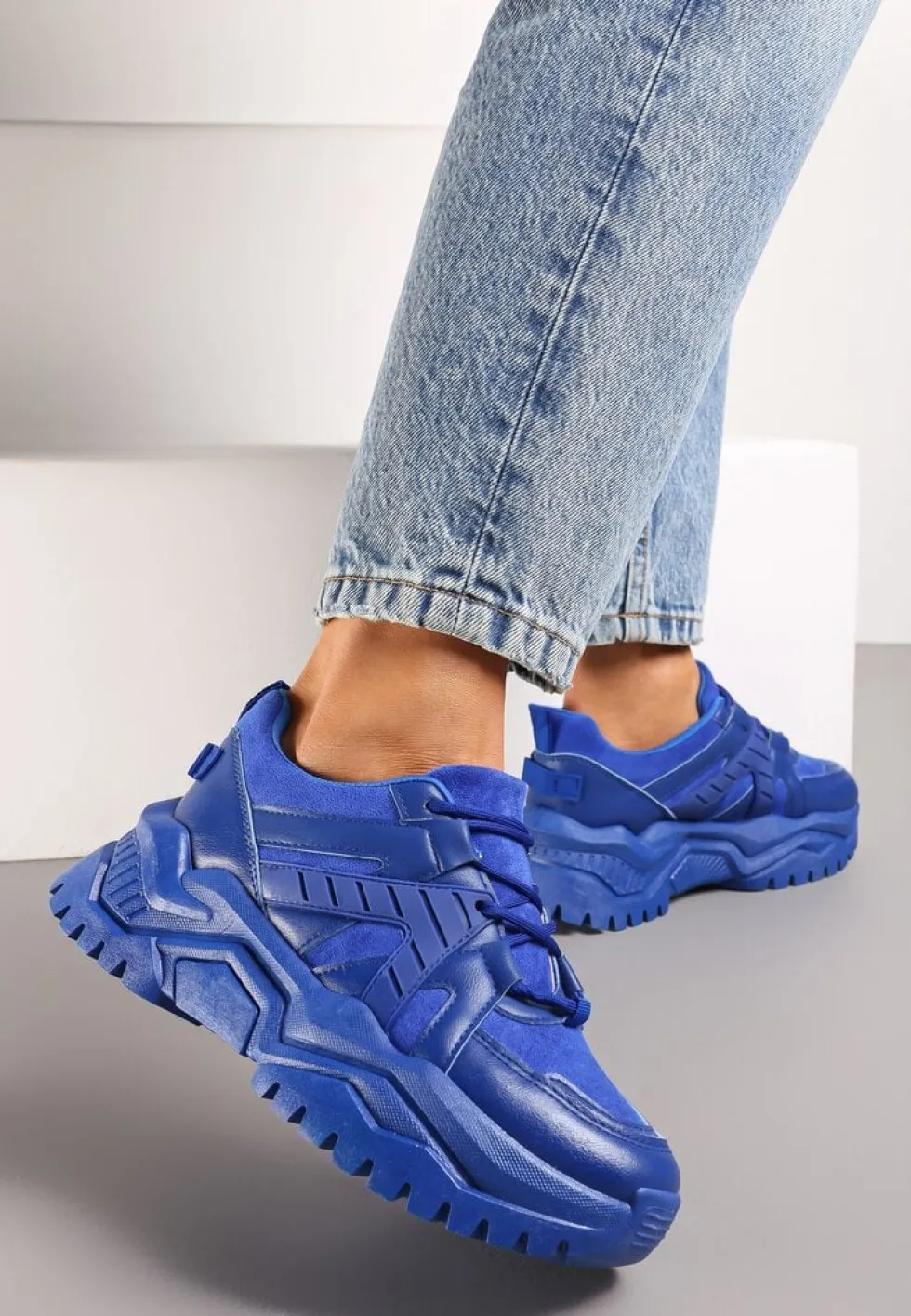 Niebieskie Sneakersy Sznurowane na Grubej Podeszwie Releta