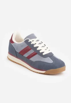 Niebieskie Sneakersy w Stylu Retro z Panelami z Imitacji Zamszu i Przeszyciami na Cholewce Scarfia