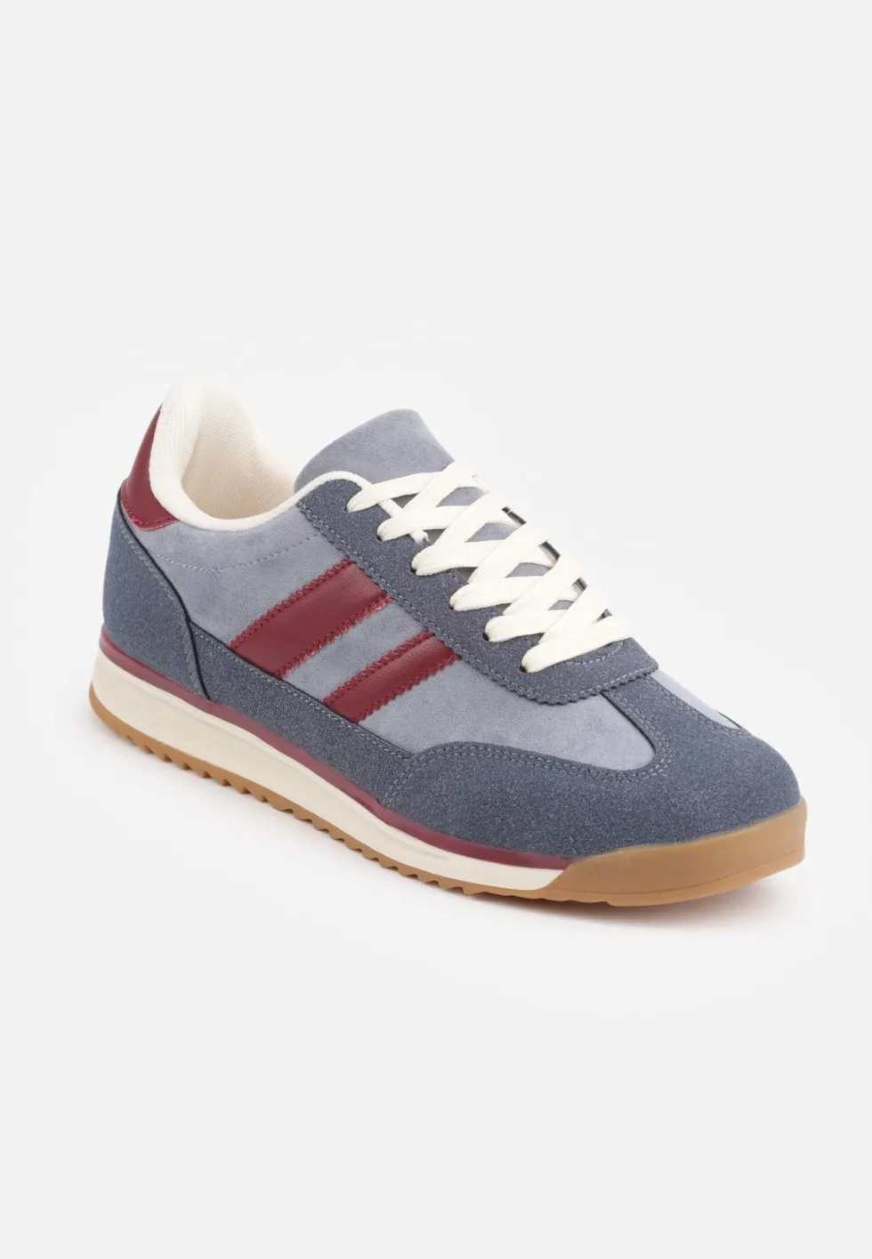 Niebieskie Sneakersy w Stylu Retro z Panelami z Imitacji Zamszu i Przeszyciami na Cholewce Scarfia