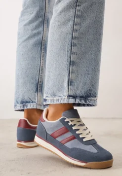 Niebieskie Sneakersy w Stylu Retro z Panelami z Imitacji Zamszu i Przeszyciami na Cholewce Scarfia