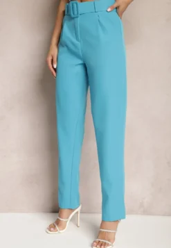 Niebieskie Spodnie Garniturowe High Waist z Paskiem Wenus