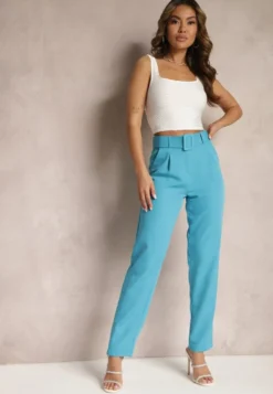 Niebieskie Spodnie Garniturowe High Waist z Paskiem Wenus