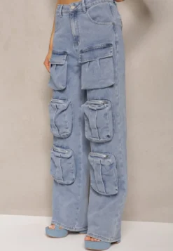Niebieskie Spodnie High Waist z Prostymi Nogawkami i Ozdobnymi Kieszeniami Quliana