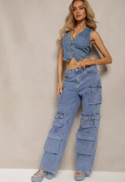 Niebieskie Spodnie High Waist z Szerokimi Nogawkami i Wieloma Kieszeniami Relada