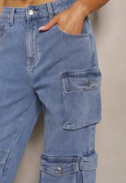 Niebieskie Spodnie High Waist z Szerokimi Nogawkami i Wieloma Kieszeniami Relada