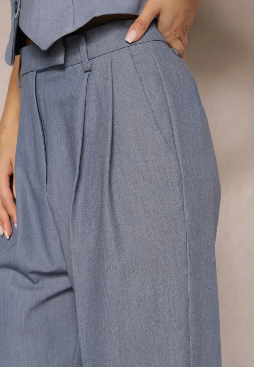 Niebieskie Spodnie High Waist w Garniturowym Stylu z Kieszeniami Junife