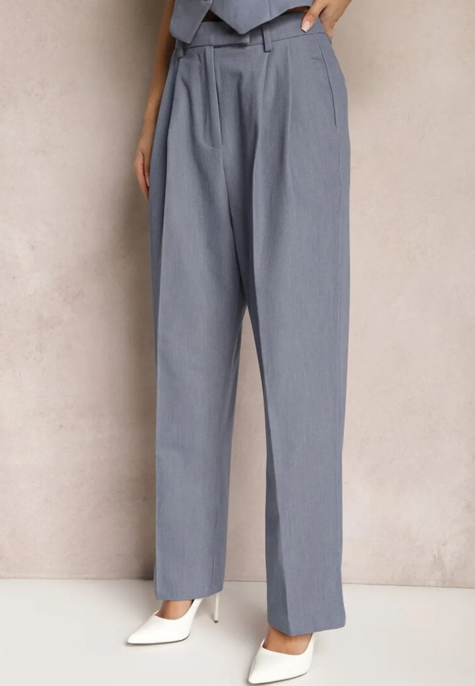 Niebieskie Spodnie High Waist w Garniturowym Stylu z Kieszeniami Junife