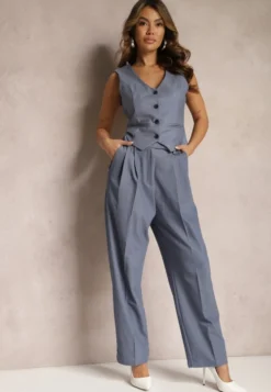 Niebieskie Spodnie High Waist w Garniturowym Stylu z Kieszeniami Junife