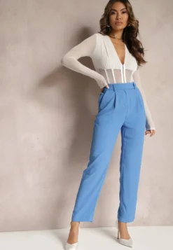 Niebieskie Spodnie High Waist z Gumką w Talii i Prostymi Nogawkami Brenissa