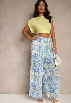 Niebieskie Spodnie High Waist Zdobione Plisami i Kwiatowym Printem Folamea
