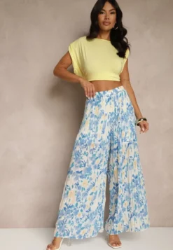 Niebieskie Spodnie High Waist Zdobione Plisami i Kwiatowym Printem Folamea