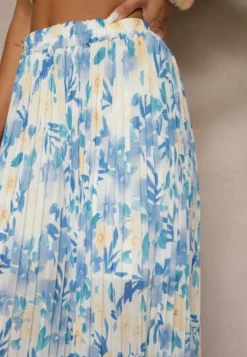 Niebieskie Spodnie High Waist Zdobione Plisami i Kwiatowym Printem Folamea