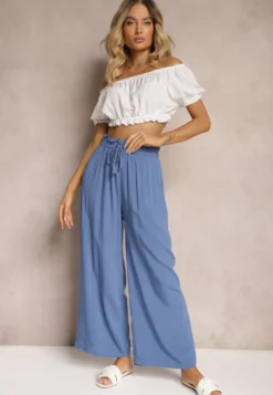 Niebieskie Spodnie Palazzo High Waist z Bawełny Wykończone Gumką w Talii Nellsea