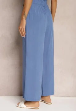 Niebieskie Spodnie Palazzo High Waist z Bawełny Wykończone Gumką w Talii Nellsea