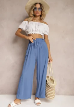 Niebieskie Spodnie Palazzo High Waist z Bawełny Wykończone Gumką w Talii Nellsea
