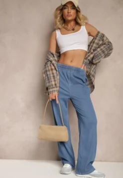 Niebieskie Spodnie Szerokie z Bawełną i Wiskozą High Waist z Imitacji Jeansu Heldexia
