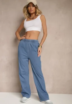 Niebieskie Spodnie Szerokie z Bawełną i Wiskozą High Waist z Imitacji Jeansu Heldexia