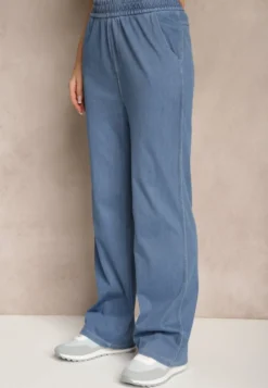 Niebieskie Spodnie Szerokie z Bawełną i Wiskozą High Waist z Imitacji Jeansu Heldexia