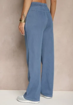 Niebieskie Spodnie Szerokie z Bawełną i Wiskozą High Waist z Imitacji Jeansu Heldexia