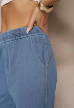 Niebieskie Spodnie Szerokie z Bawełną i Wiskozą High Waist z Imitacji Jeansu Heldexia
