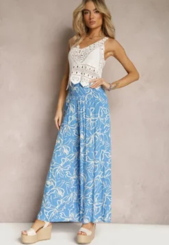 Niebieskie Spodnie Szerokie z Wiskozy High Waist w Kwiatowy Print Tepolla