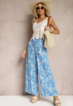Niebieskie Spodnie Szerokie z Wiskozy High Waist w Kwiatowy Print Tepolla
