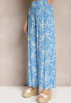 Niebieskie Spodnie Szerokie z Wiskozy High Waist w Kwiatowy Print Tepolla