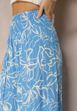 Niebieskie Spodnie Szerokie z Wiskozy High Waist w Kwiatowy Print Tepolla