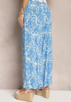Niebieskie Spodnie Szerokie z Wiskozy High Waist w Kwiatowy Print Tepolla