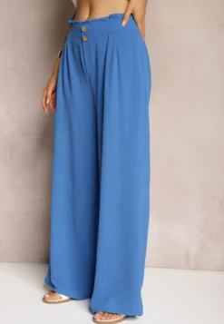 Niebieskie Spodnie w Stylu Alladynek High Waist Wykończone Gumką w Pasie Riselma