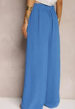 Niebieskie Spodnie w Stylu Alladynek High Waist Wykończone Gumką w Pasie Riselma