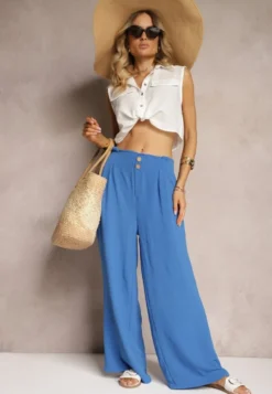 Niebieskie Spodnie w Stylu Alladynek High Waist Wykończone Gumką w Pasie Riselma