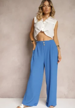 Niebieskie Spodnie w Stylu Alladynek High Waist Wykończone Gumką w Pasie Riselma