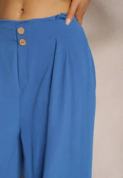 Niebieskie Spodnie w Stylu Alladynek High Waist Wykończone Gumką w Pasie Riselma