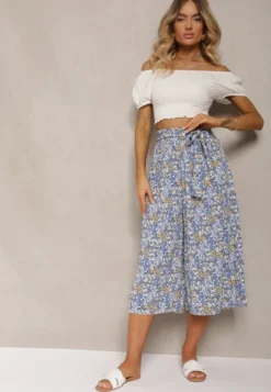 Niebieskie Spodnie z Szerokimi Nogawkami High Waist z Bawełną Paskiem i Gumką w Talii Drosofia