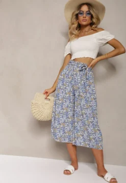 Niebieskie Spodnie z Szerokimi Nogawkami High Waist z Bawełną Paskiem i Gumką w Talii Drosofia