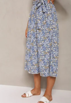 Niebieskie Spodnie z Szerokimi Nogawkami High Waist z Bawełną Paskiem i Gumką w Talii Drosofia