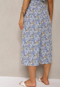 Niebieskie Spodnie z Szerokimi Nogawkami High Waist z Bawełną Paskiem i Gumką w Talii Drosofia
