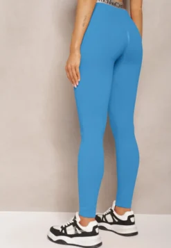 Niebieskie Sportowe Legginsy Elastyczne z Ozdobną Szeroką Gumą w Pasie Larnode