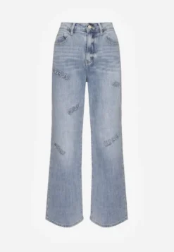Niebieskie Szerokie Jeansy High Waist z Ozdobnymi Naszywkami Hleffia