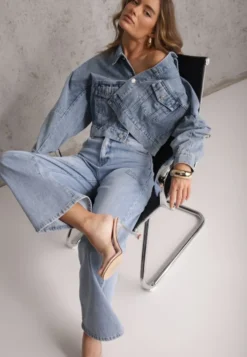 Niebieskie Szerokie Jeansy High Waist z Ozdobnymi Naszywkami Hleffia