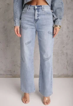 Niebieskie Szerokie Jeansy High Waist z Ozdobnymi Naszywkami Hleffia