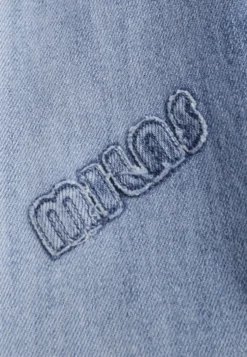 Niebieskie Szerokie Jeansy High Waist z Ozdobnymi Naszywkami Hleffia