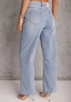 Niebieskie Szerokie Jeansy High Waist z Ozdobnymi Naszywkami Hleffia