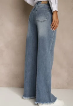 Niebieskie Szerokie Jeansy High Waist z Cyrkoniowymi Aplikacjami Sireilure