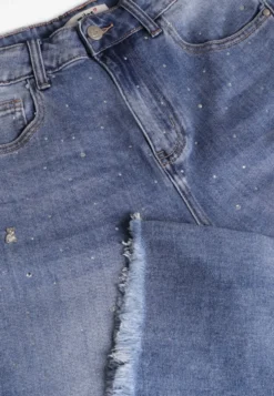 Niebieskie Szerokie Jeansy High Waist z Cyrkoniowymi Aplikacjami Sireilure