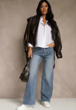 Niebieskie Szerokie Jeansy High Waist z Cyrkoniowymi Aplikacjami Sireilure